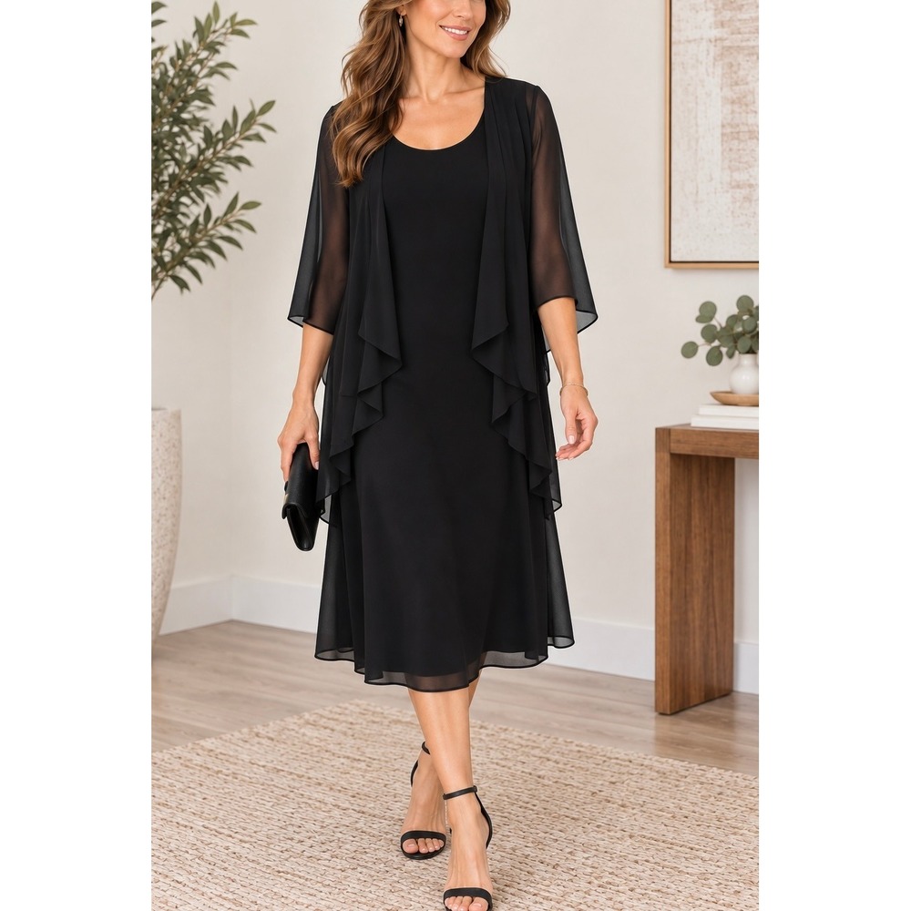 Slinky Brand Black Midi Dress with Sheer Chiffon Jacket Set Women's Medium